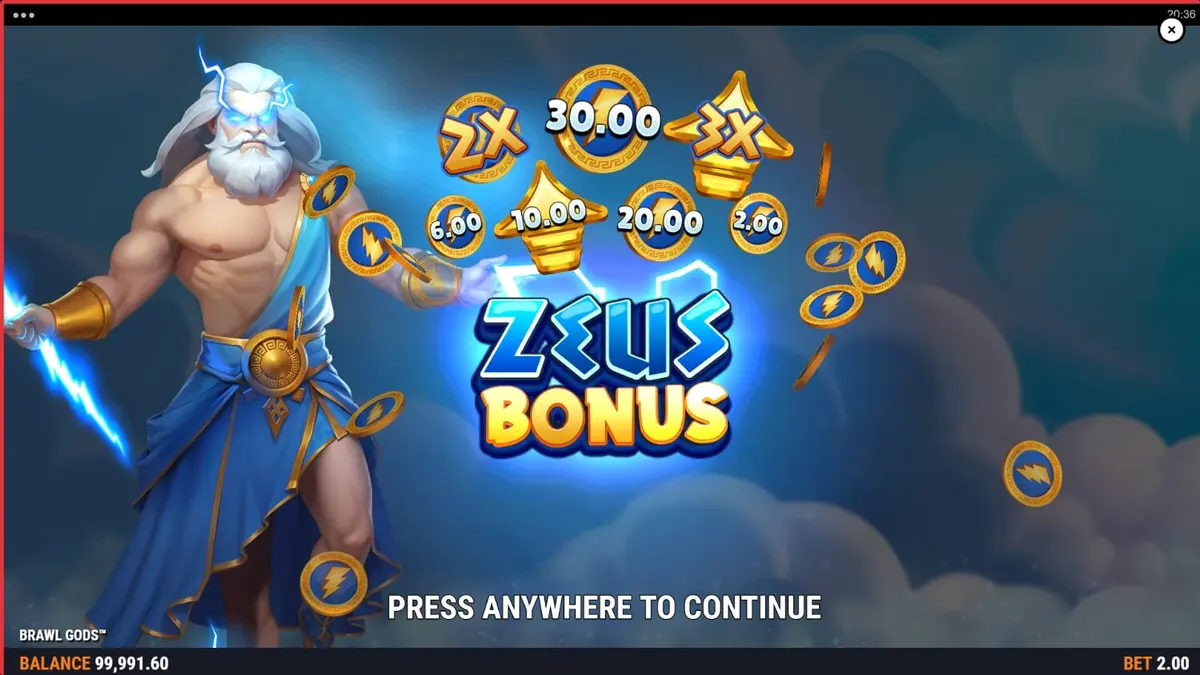 Tampilan layar pertempuran Zeus dan Hades dalam slot Brawl Gods